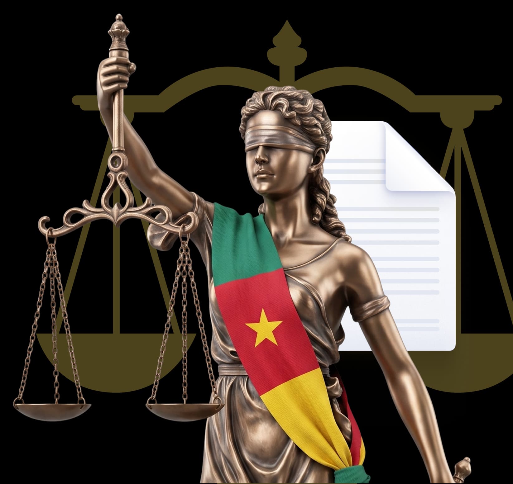 Allégorie de la Justice drapée du drapeau du Cameroun